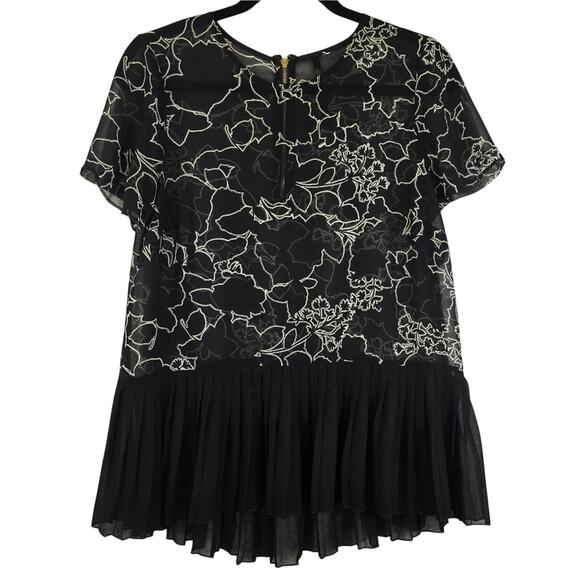 M Kensie Black Floral Pleated Top White Peplum Sheer Short Sleeve Hi Low Office - Picture 1 of 10
